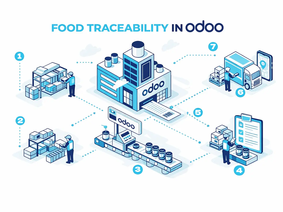 Processus de traçabilité alimentaire dans Odoo montrant la production, le stockage et la distribution