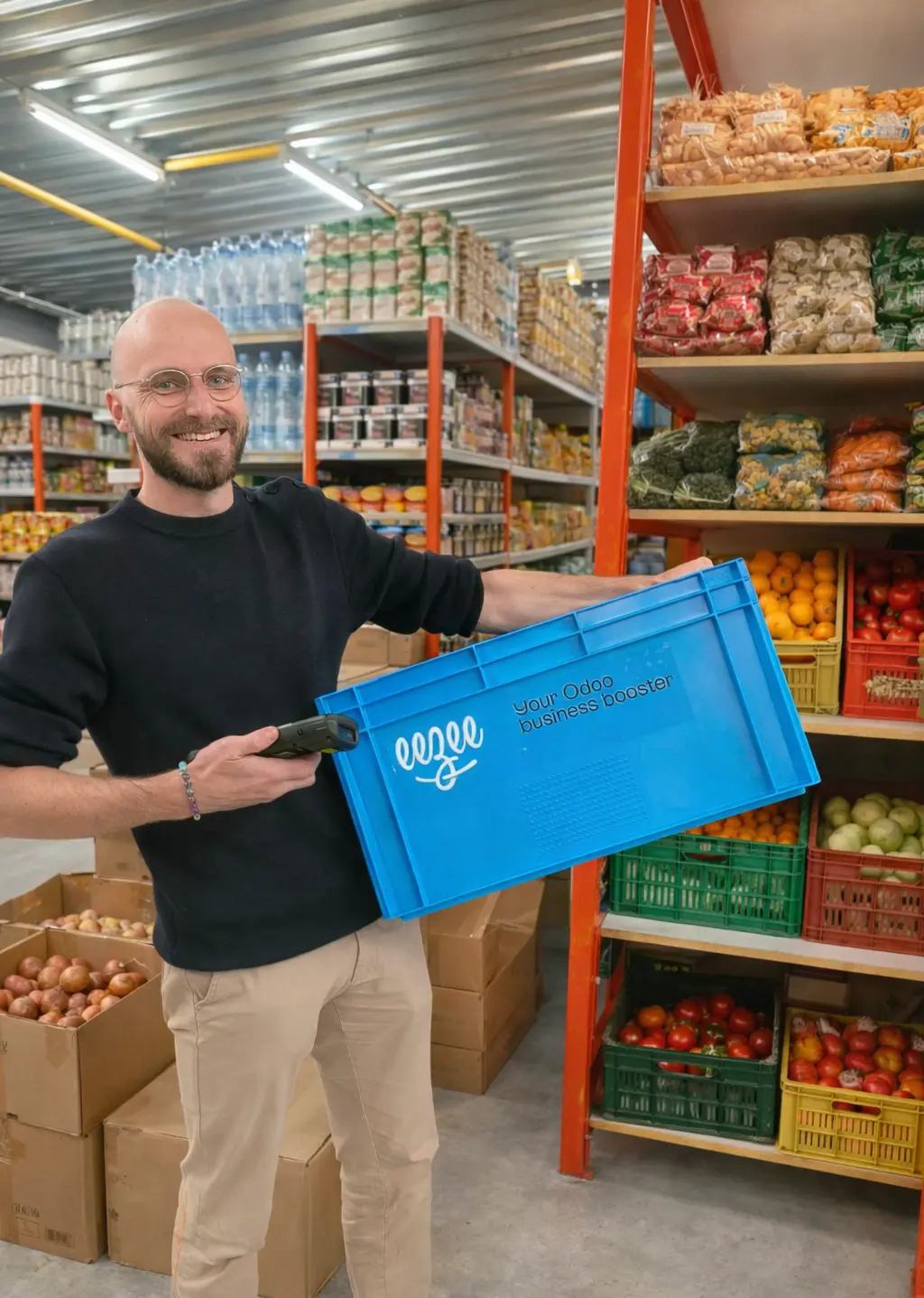 Employé d’entrepôt manipulant des produits alimentaires avec une gestion optimisée des stocks